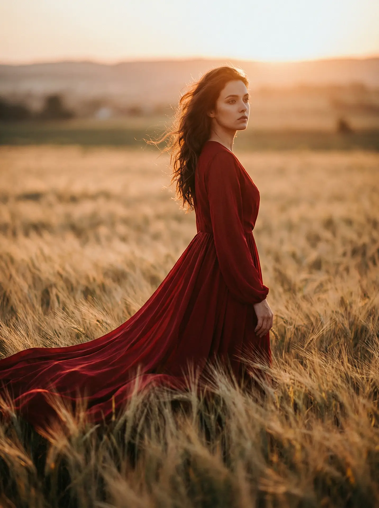 肉视频 精选 - 金色麦田中的红裙人像